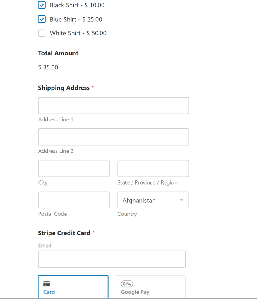Example of an order form made using WPForms
