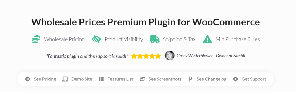 A screenshot of Wholesale Prices' Premium landing page, showcasing features like wholesale pricing, product visibility and minimum purchase rules. 