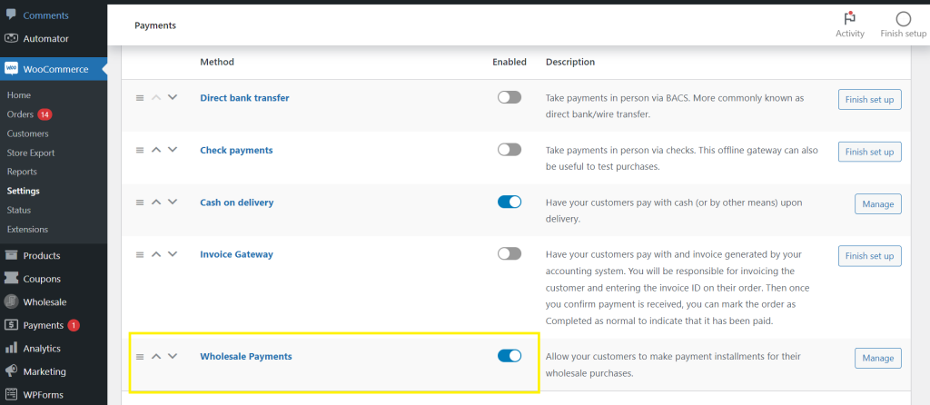 WooCommerce payment available options enabling wholesale payment as an option