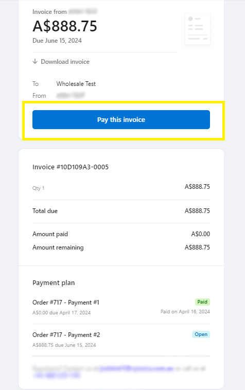 A screenshot of an email invoice that allows wholesale customers to pay right within the invoice, improving B2B collections for WooCommerce store owners. 