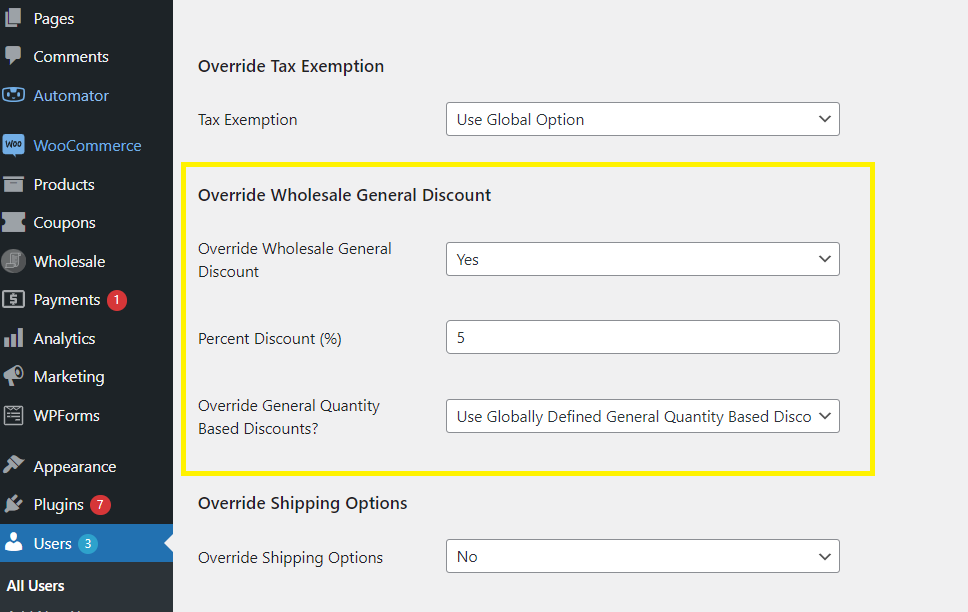 A screenshot of WooCommerce user settings, where administrators can set wholesale bulk order percentge discounts. 