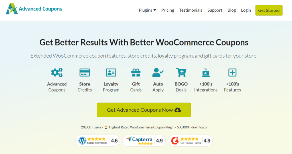 A screenshot of Advanced Coupons landing page, one of the best WooCommerce plugins in the market. 