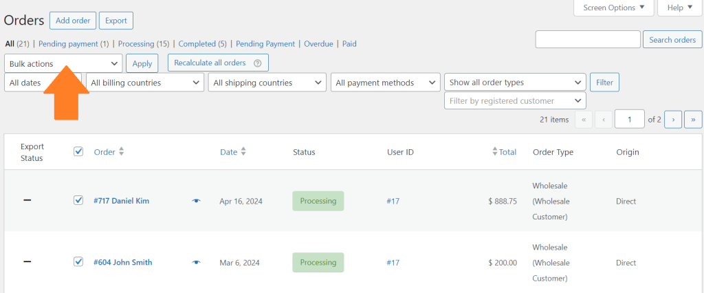 Image of the WooCommerce order dashboard, featuring the bulk actions functionality. 