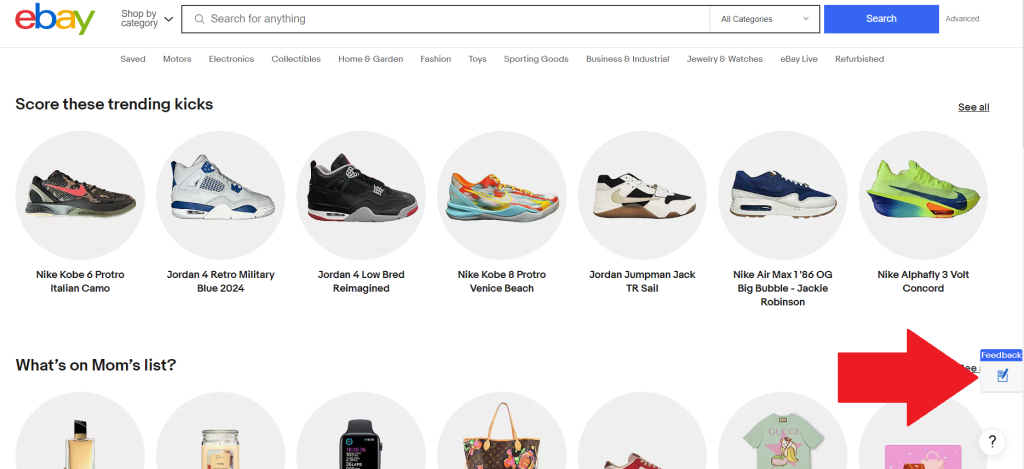 Screenshot of ebay's homepage, featuring a selection of sneakers and a feedback button.