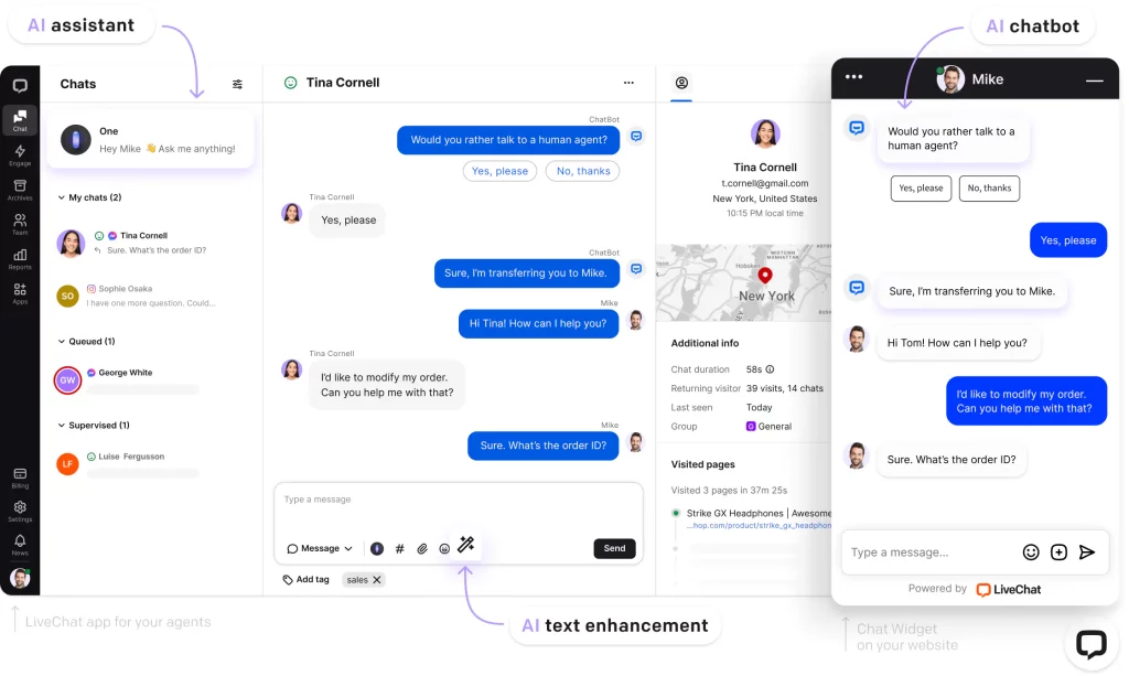 Screenshot of a live chat customer support interface featuring an AI chatbot and live agent interaction