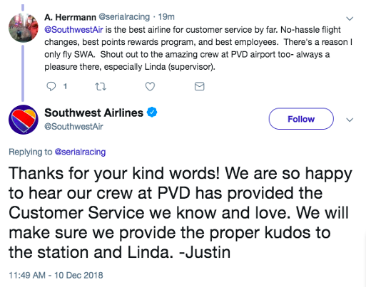 Screenshot of a Twitter conversation where the customer provides positive customer feedback. 