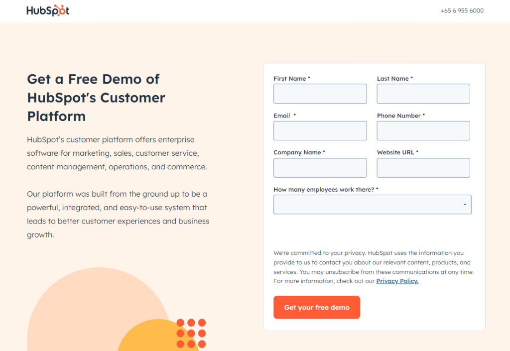 A screenshot of a product demo lead magnet from HubSpot, featuring a form with fields for First Name, Last Name, Email, Phone Number, Company Name, Website URL, and number of employees. 