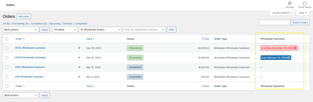 A screenshot of the WooCommerce order dashboard with Wholesale Payments enabled. 