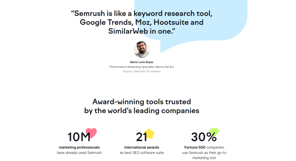Screenshot from SEMrush homepage, featuring a customer testimonial and social proof like number of users and awards. 
