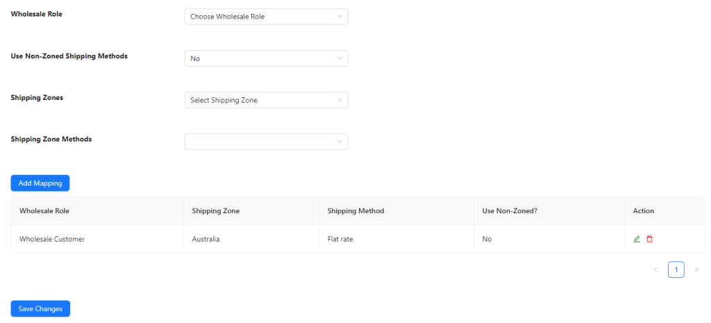 An image of Wholesale Suite's settings page where WooCommerce store owners can set shipping methods based on wholesale user roles. 