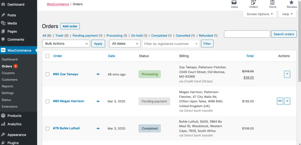 A screenshot of WooCommerce's order dashboard, featuring customer orders and order statuses. 