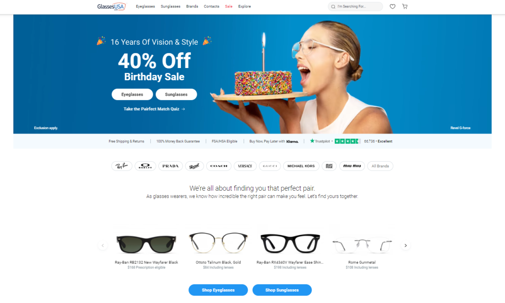 Screenshot of the e-commerce shop Glasses USA, featuring different types of eyewear. 