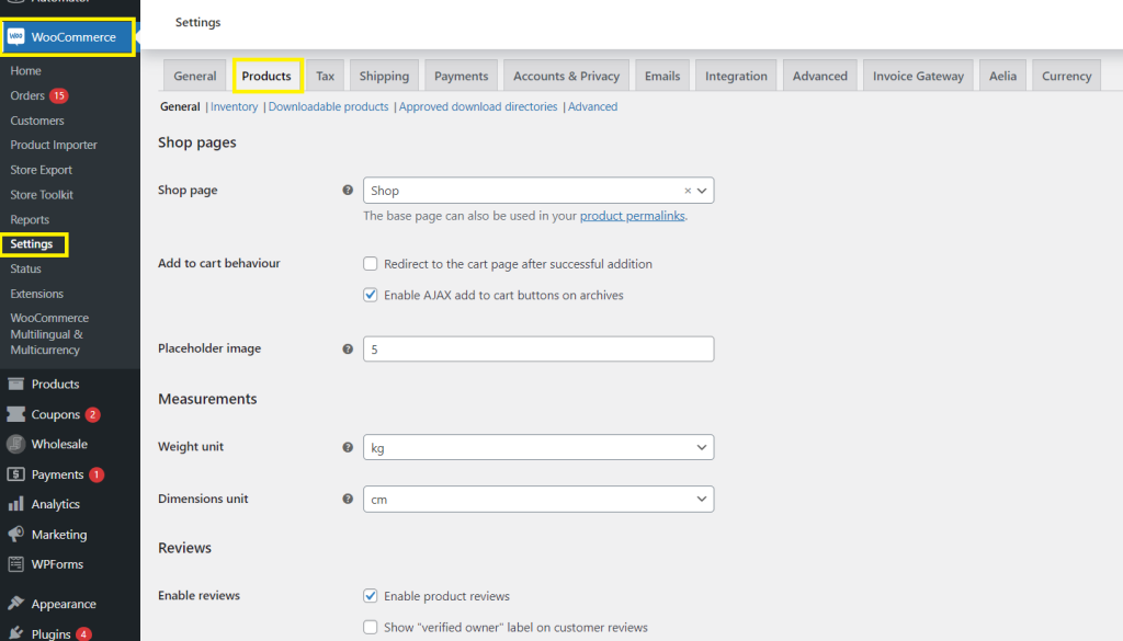 Screenshot of the WooCommerce Product settings dashboard. 