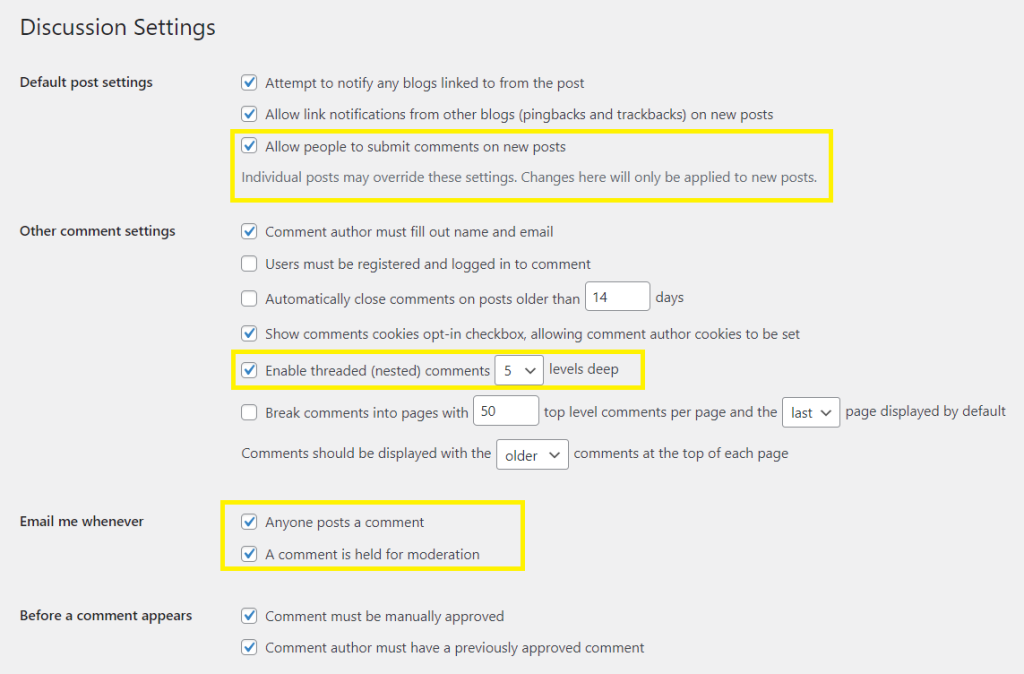 Screenshot of the Discussion Settings page on WordPress.
