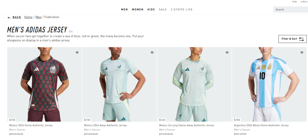 Adidas e-commerce website featuring men's soccer jersey. 