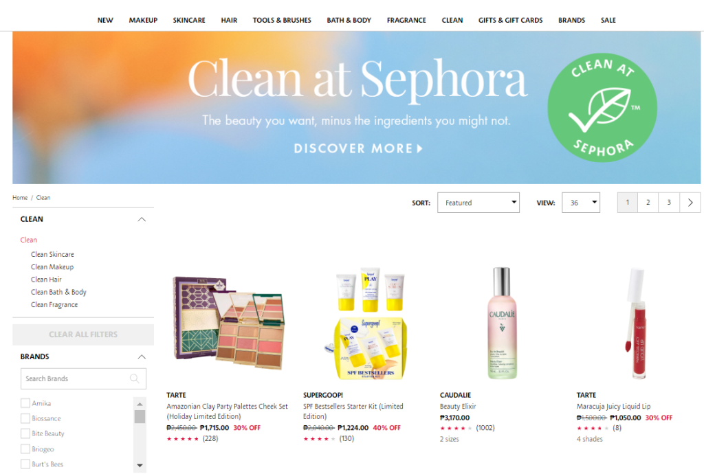Screenshot of an e-commerce store selling clean beauty products. 