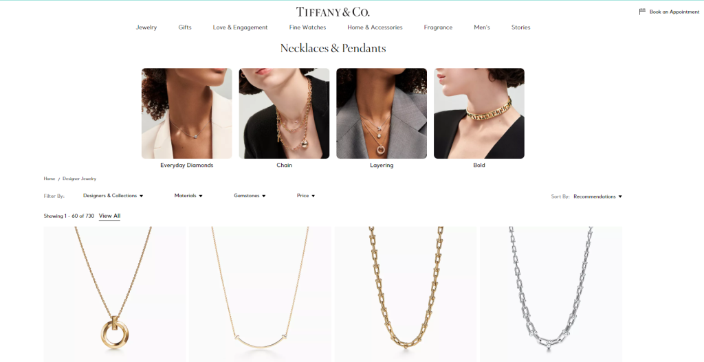 Image of a website selling jewelry. 