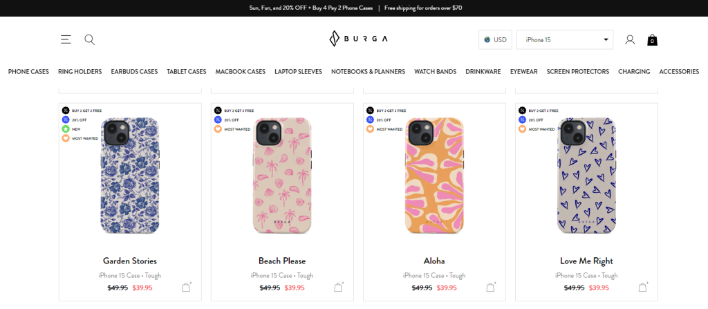 E-commerce website selling phone cases. 