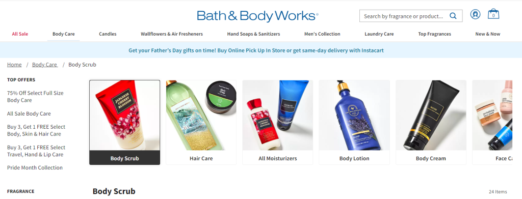 Screenshot of an e-commerce website selling beauty and bath products. 