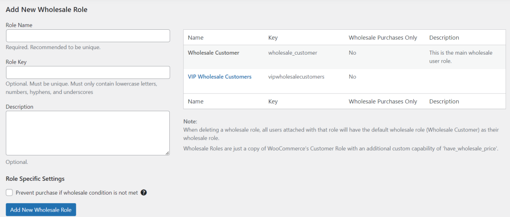 Screenshot of the wholesale role settings page. 