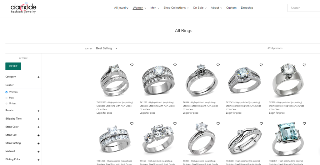 Screenshot of the Alamode Fashion Jewelry Homepage, featuring silver rings for women. 