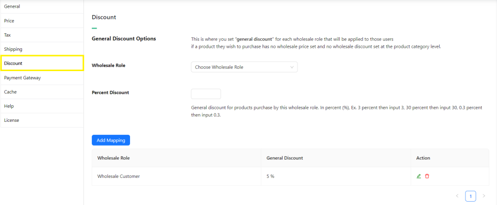 Screenshot of the Wholesale Prices Premium Discount settings page. 