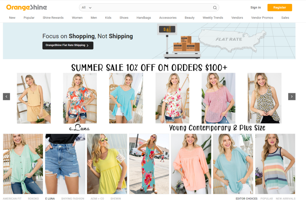 Screenshot of OrangeShine's homepage, showcasing women's apparel. 