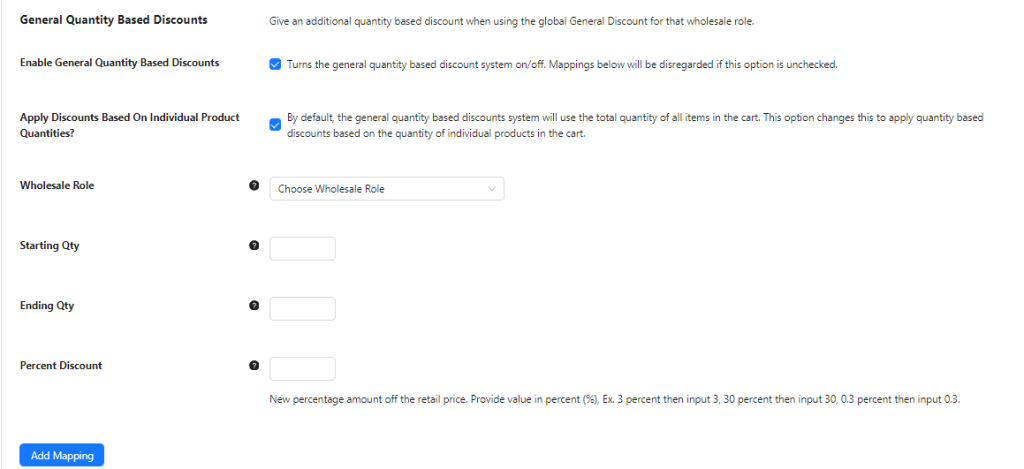 Screenshot of the quantity based-discount settings on Wholesale Prices Premium. 