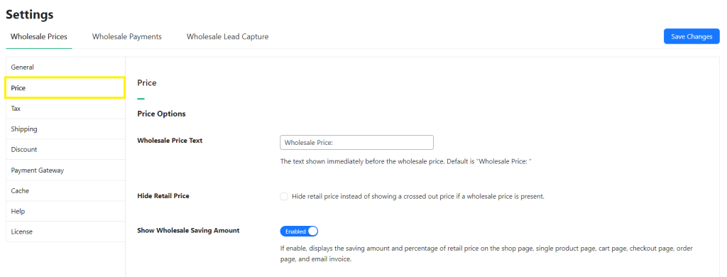 Screenshot of the Wholesale Prices Premium Price settings page. 