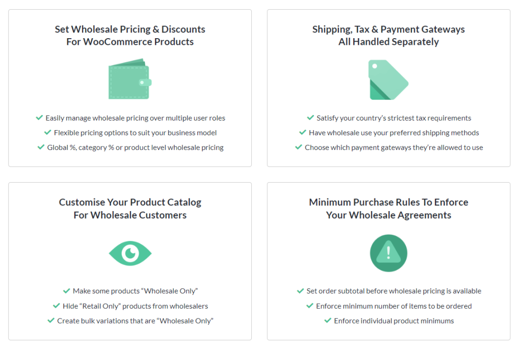Screenshot of Wholesale Prices' Premium's key features, including setting wholesale prices, mapping shipping gateways and more. 