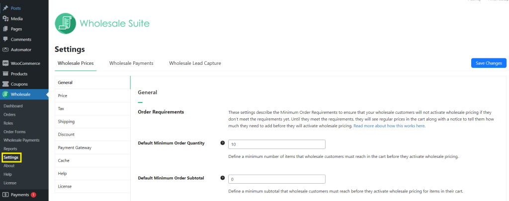 Screenshot of the Wholesale Prices Premium settings page. 