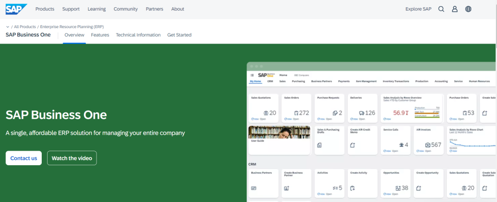 Screenshot of the SAP Business One homepage. 